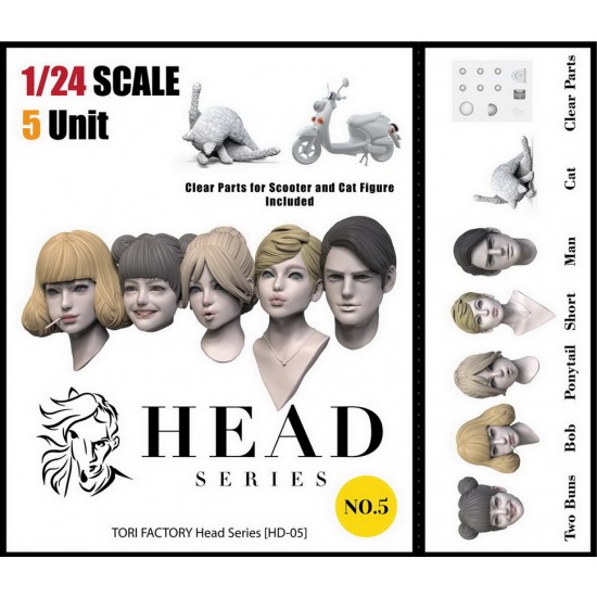 1/24 Head Series #2 (5 Heads w/VINO scooter clear parts & Cat) for Tamiya kits